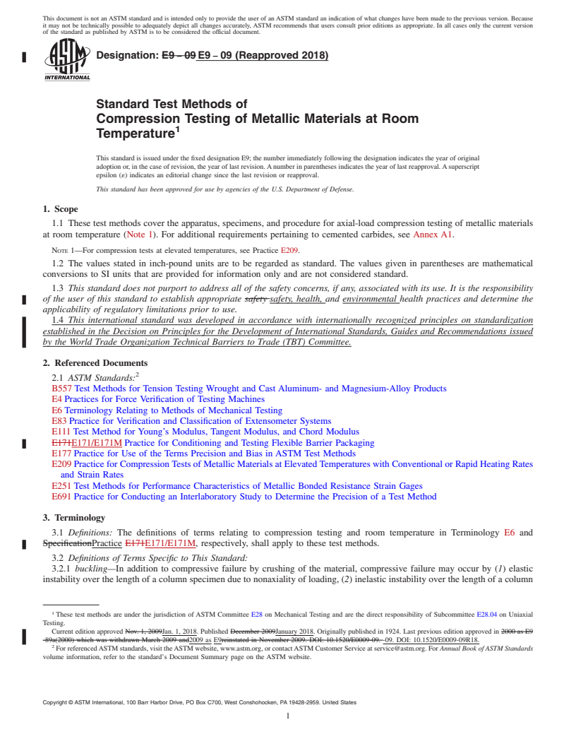 REDLINE ASTM E9-09(2018) - Standard Test Methods of Compression Testing of Metallic Materials at Room Temperature