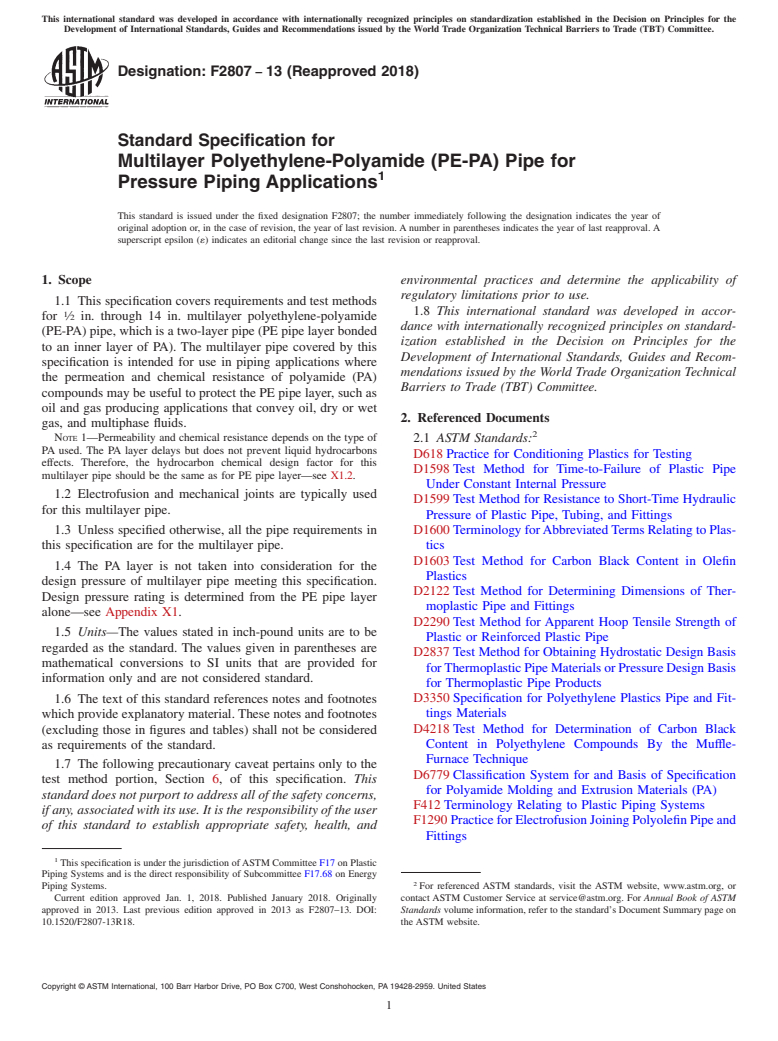 ASTM F2807-13(2018) - Standard Specification for Multilayer Polyethylene-Polyamide (PE-PA) Pipe for Pressure  Piping Applications