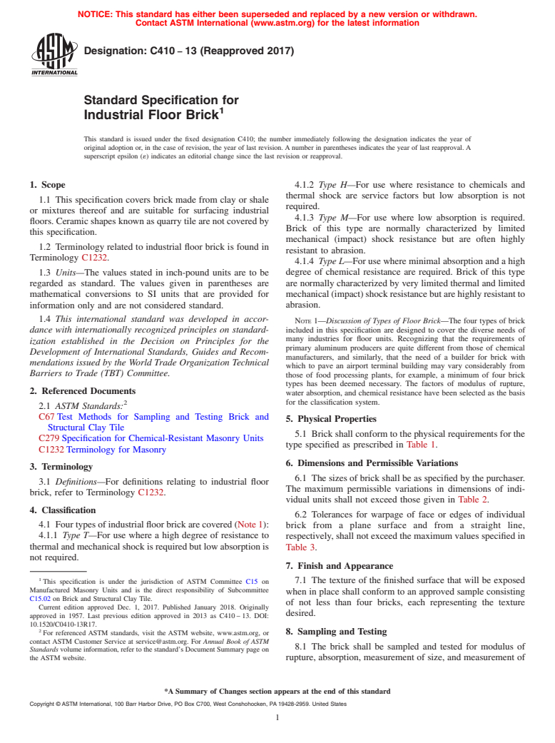 ASTM C410-13(2017) - Standard Specification for  Industrial Floor Brick