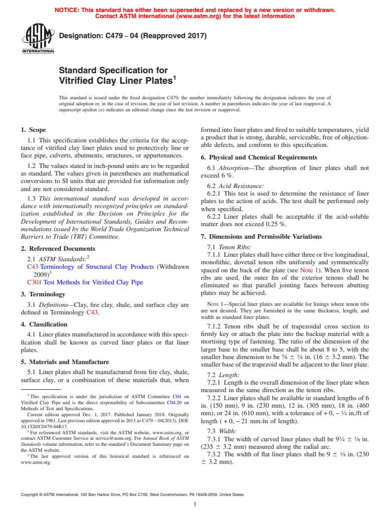 ASTM C479-04(2017) - Standard Specification for  Vitrified Clay Liner Plates