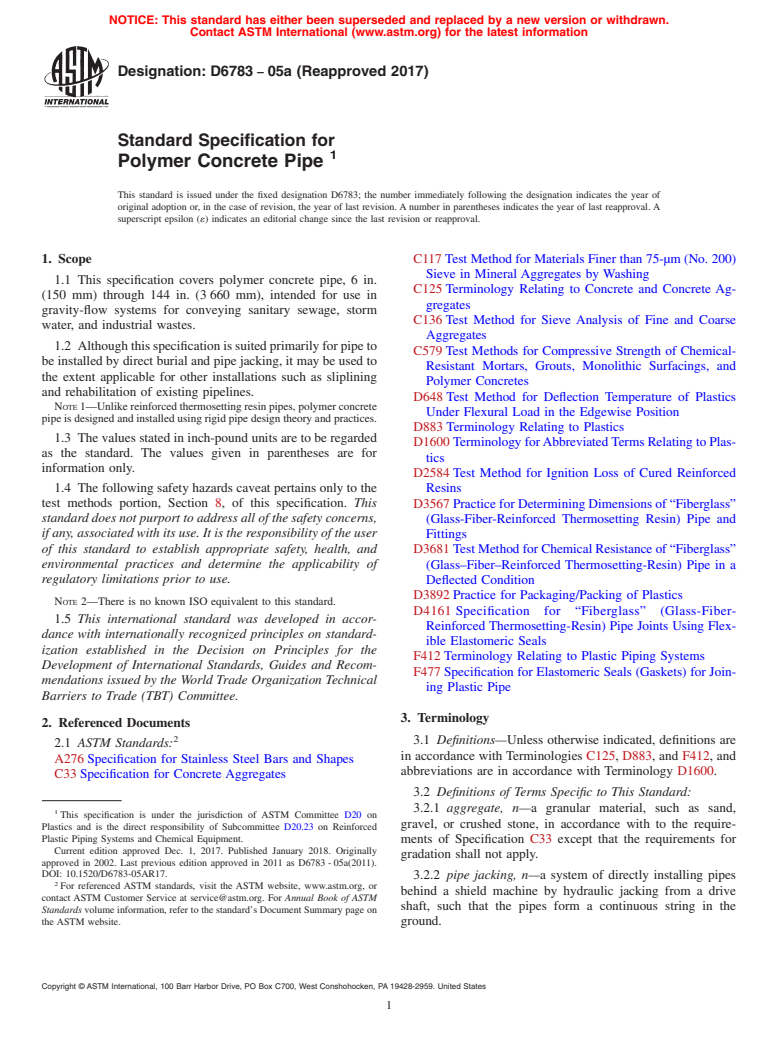 ASTM D6783-05a(2017) - Standard Specification for  Polymer Concrete Pipe