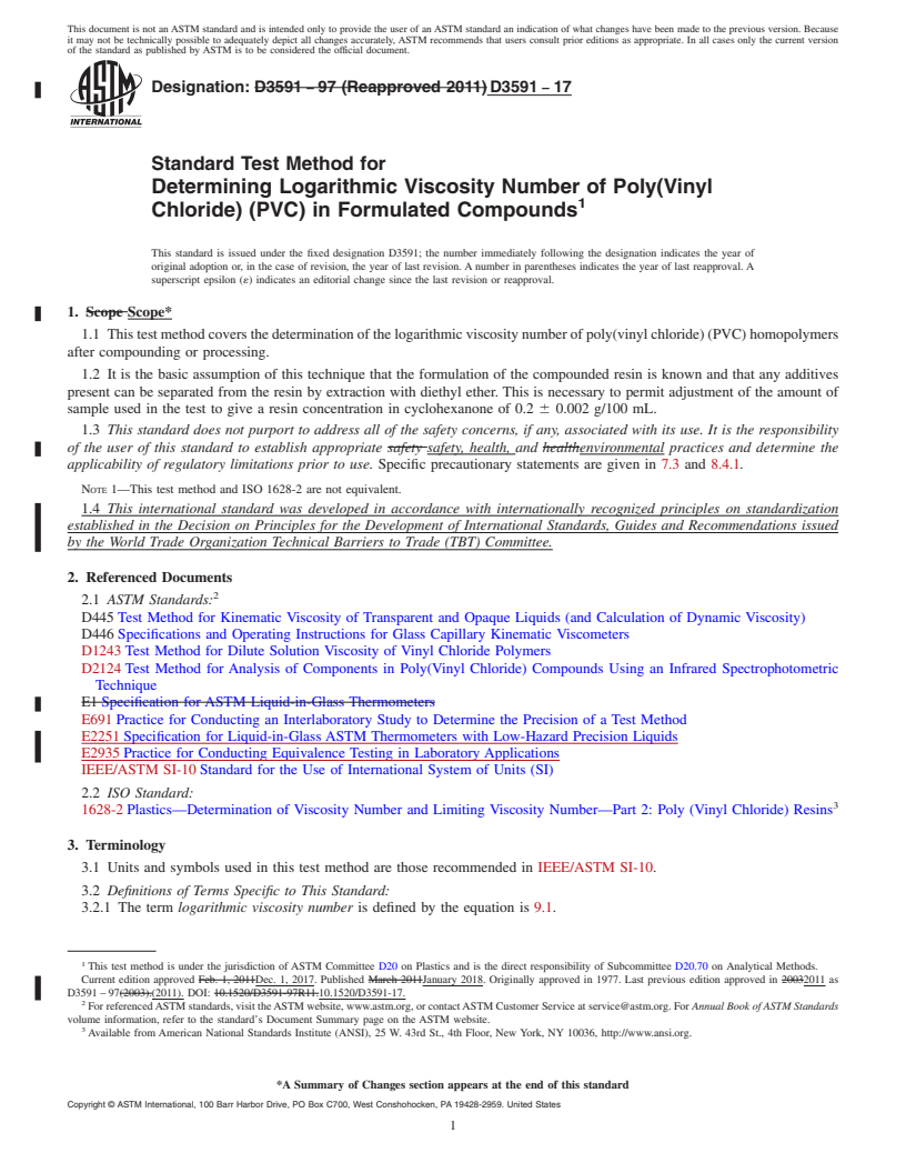 REDLINE ASTM D3591-17 - Standard Test Method for  Determining Logarithmic Viscosity Number of Poly(Vinyl Chloride)  (PVC) in Formulated Compounds