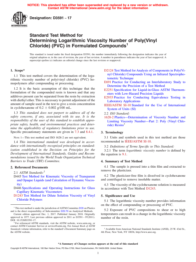 ASTM D3591-17 - Standard Test Method for  Determining Logarithmic Viscosity Number of Poly(Vinyl Chloride)  (PVC) in Formulated Compounds