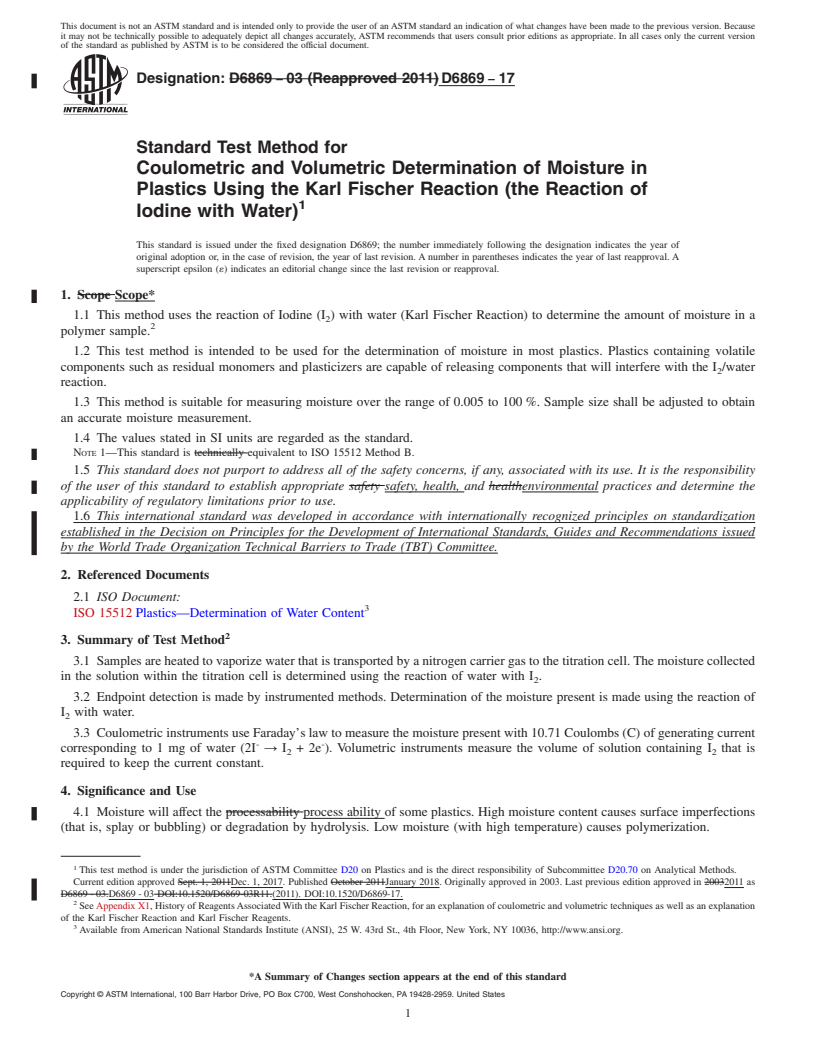 REDLINE ASTM D6869-17 - Standard Test Method for Coulometric and Volumetric Determination of Moisture in Plastics  Using the Karl Fischer Reaction (the Reaction of Iodine with Water)