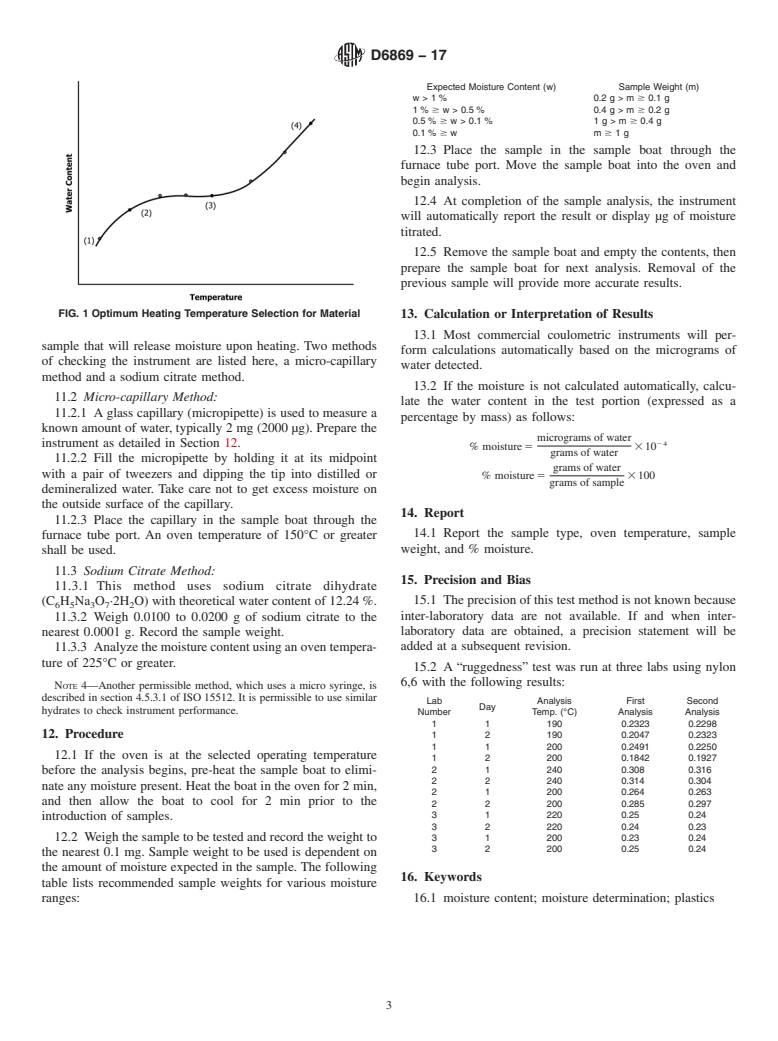 ASTM D6869-17 - Standard Test Method for Coulometric and Volumetric Determination of Moisture in Plastics  Using the Karl Fischer Reaction (the Reaction of Iodine with Water)