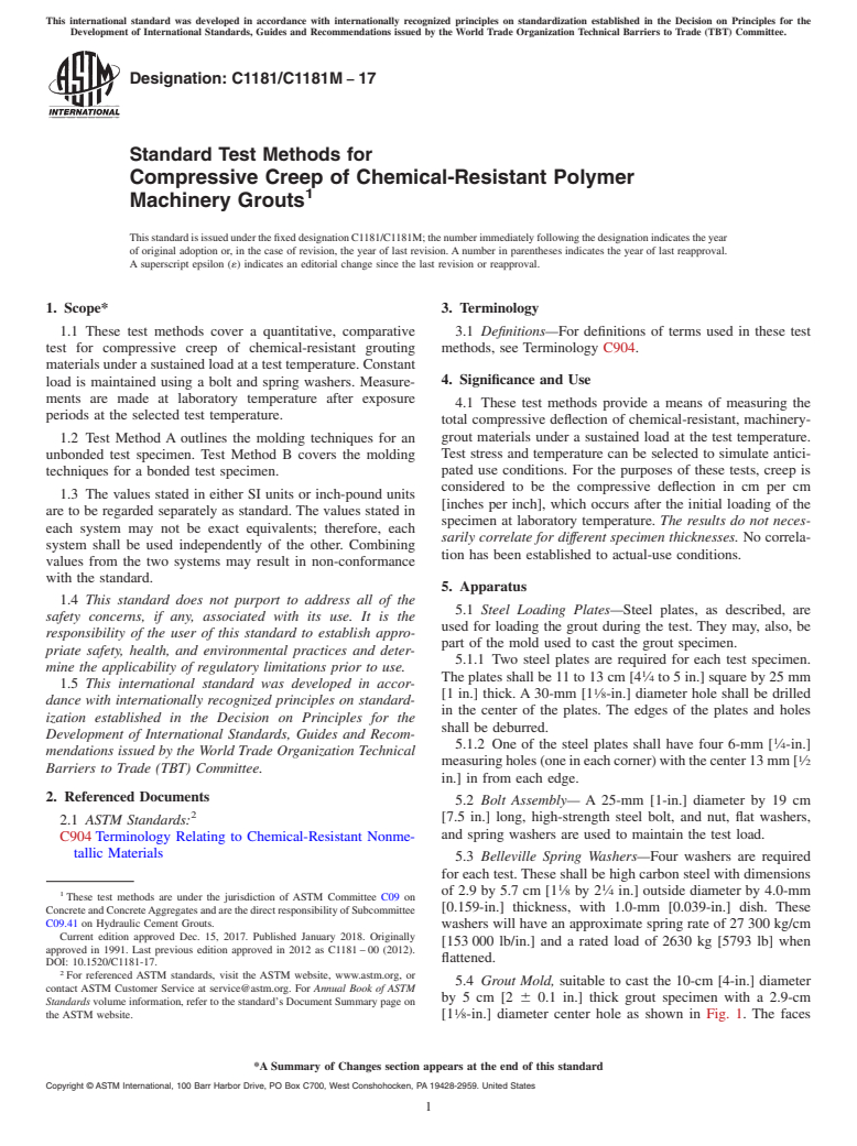 ASTM C1181/C1181M-17 - Standard Test Methods for  Compressive Creep of Chemical-Resistant Polymer Machinery Grouts