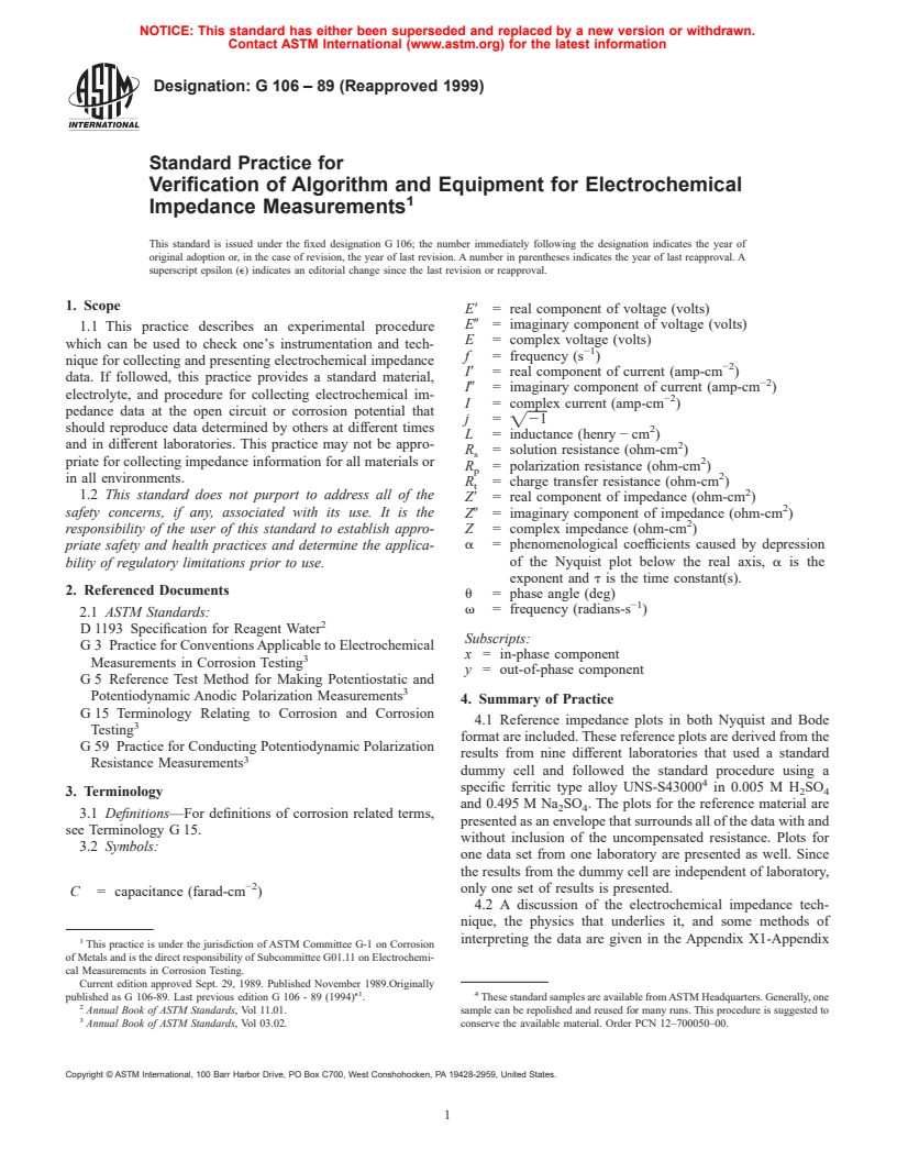 ASTM G106-89(1999) - Standard Practice for Verification of Algorithm and Equipment for Electrochemical Impedance Measurements