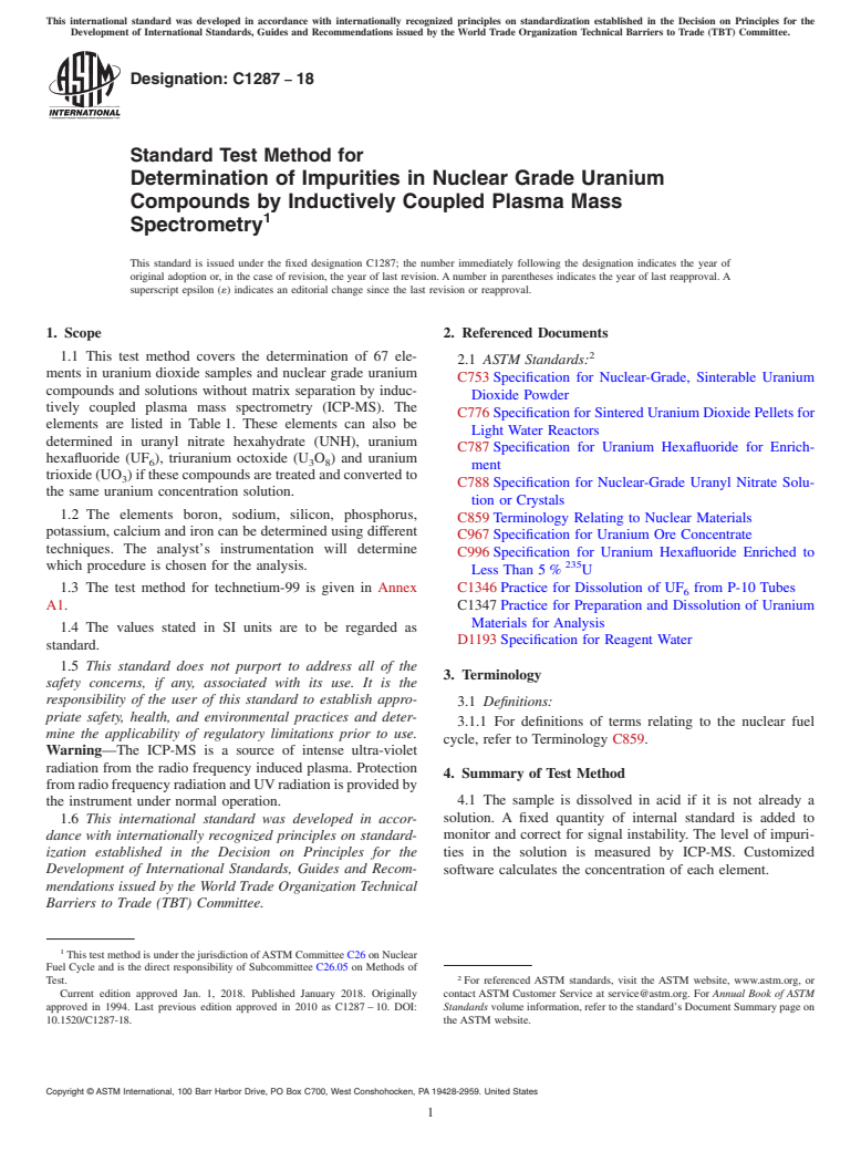 ASTM C1287-18 - Standard Test Method for  Determination of Impurities in Nuclear Grade Uranium Compounds  by Inductively Coupled Plasma Mass Spectrometry