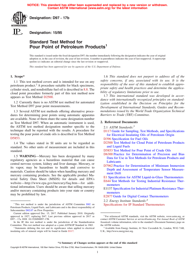 ASTM D97-17b - Standard Test Method for Pour Point of Petroleum Products