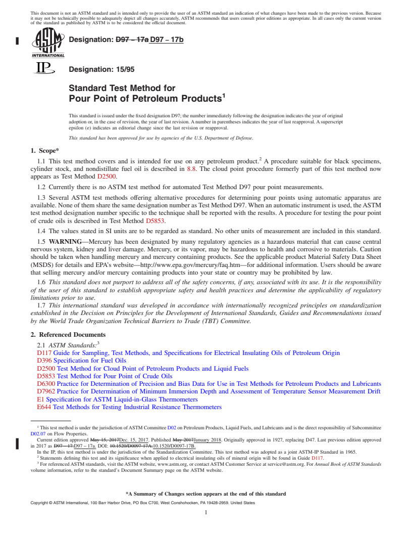 REDLINE ASTM D97-17b - Standard Test Method for Pour Point of Petroleum Products