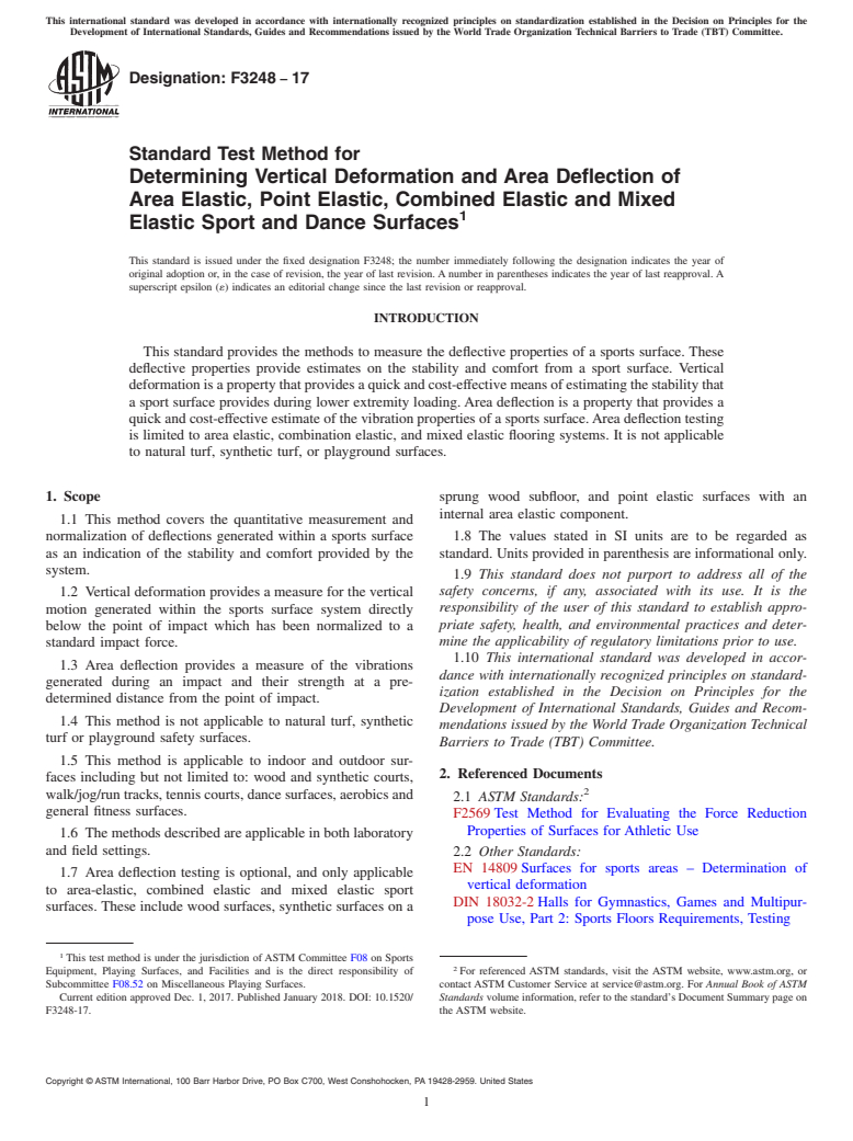 ASTM F3248-17 - Standard Test Method for Determining Vertical Deformation and Area Deflection of Area  Elastic, Point Elastic, Combined Elastic and Mixed Elastic Sport and  Dance Surfaces