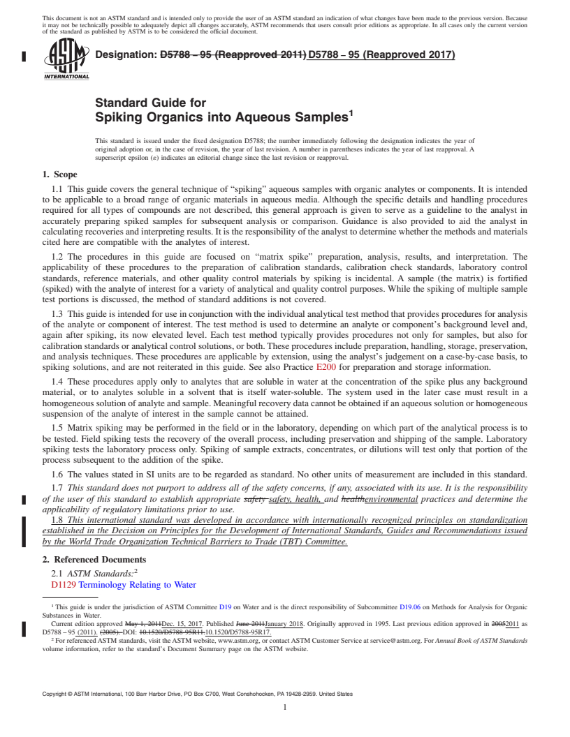 REDLINE ASTM D5788-95(2017) - Standard Guide for  Spiking Organics into Aqueous Samples