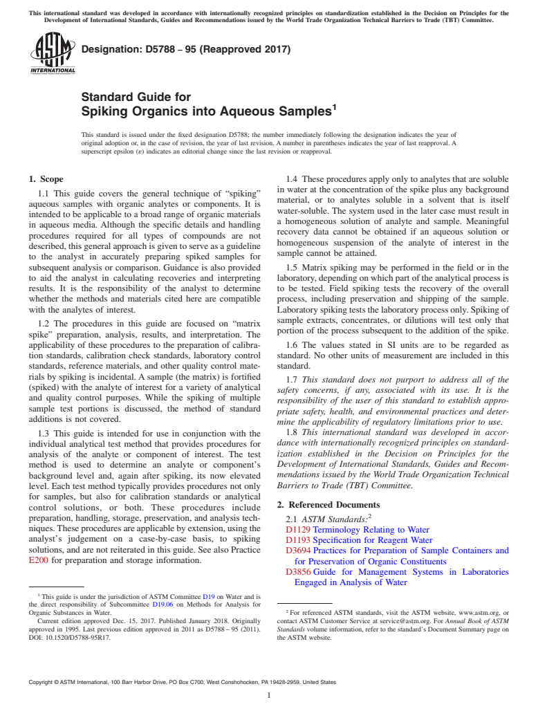 ASTM D5788-95(2017) - Standard Guide for  Spiking Organics into Aqueous Samples