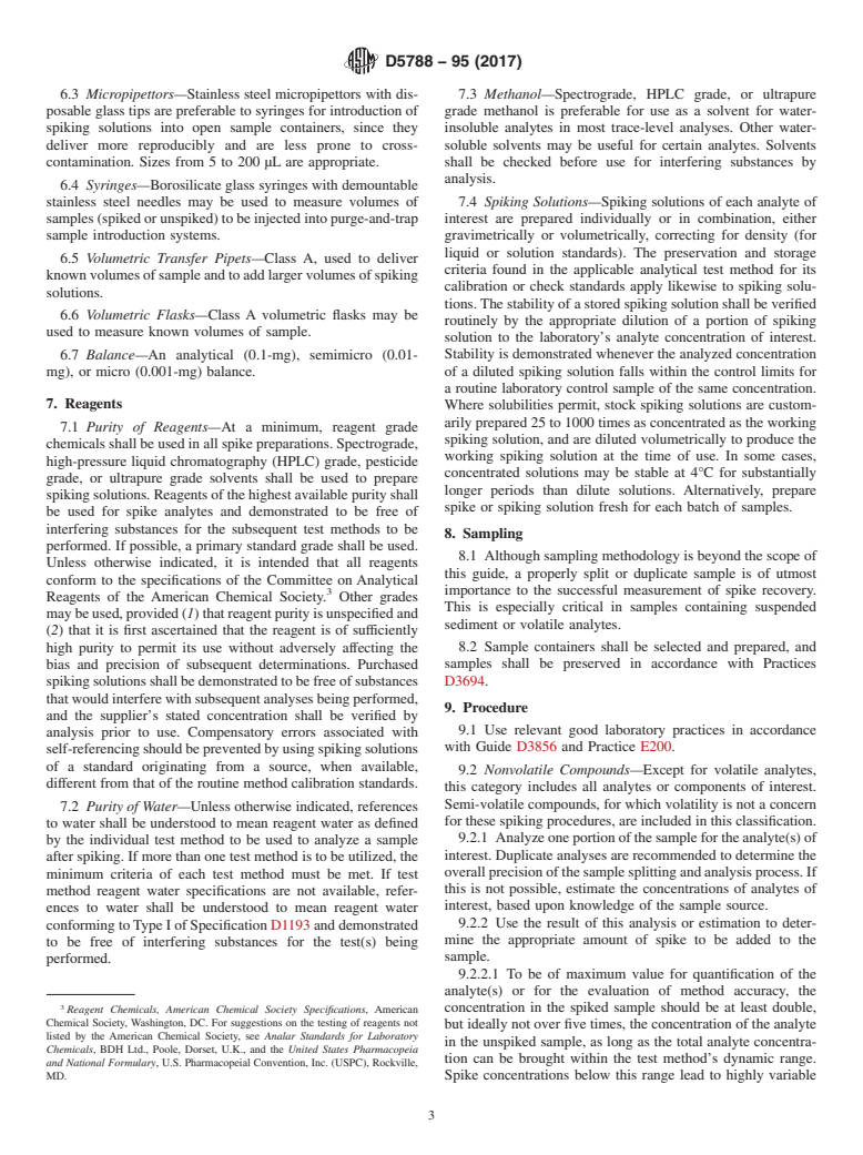 ASTM D5788-95(2017) - Standard Guide for  Spiking Organics into Aqueous Samples