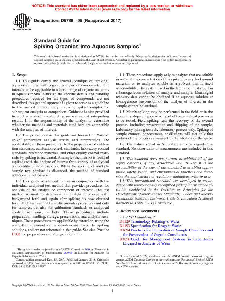 ASTM D5788-95(2017) - Standard Guide for  Spiking Organics into Aqueous Samples