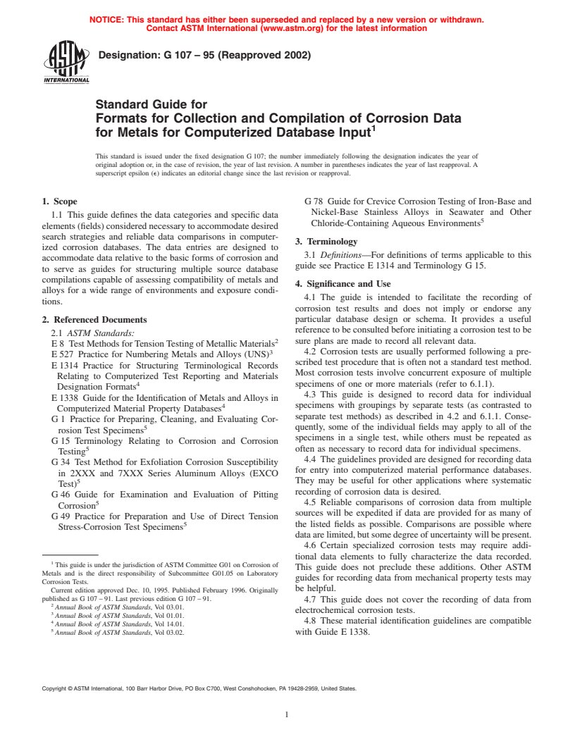 ASTM G107-95(2002) - Standard Guide for Formats for Collection and Compilation of Corrosion Data for Metals for Computerized Database Input