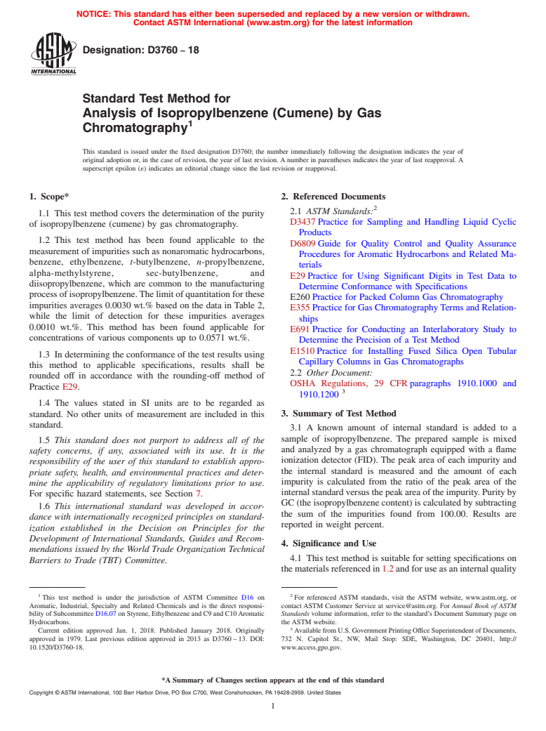 ASTM D3760-18 - Standard Test Method for Analysis of Isopropylbenzene (Cumene) by Gas Chromatography (Withdrawn 2022)