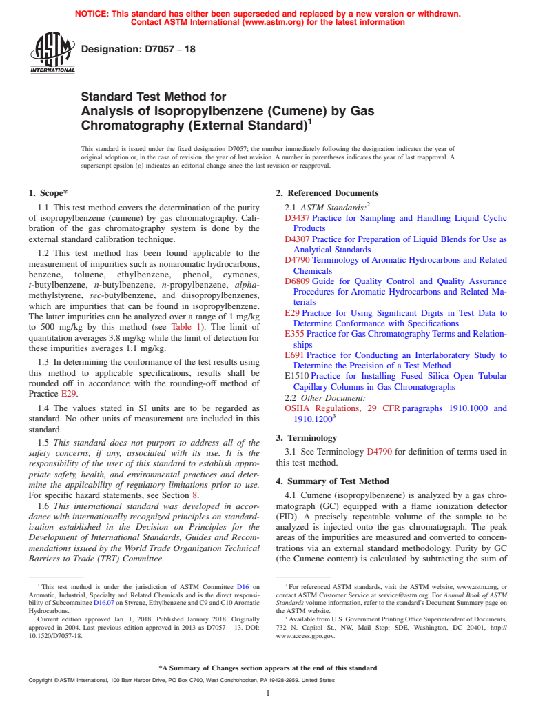 ASTM D7057-18 - Standard Test Method for Analysis of Isopropylbenzene (Cumene) by Gas Chromatography   (External  Standard)