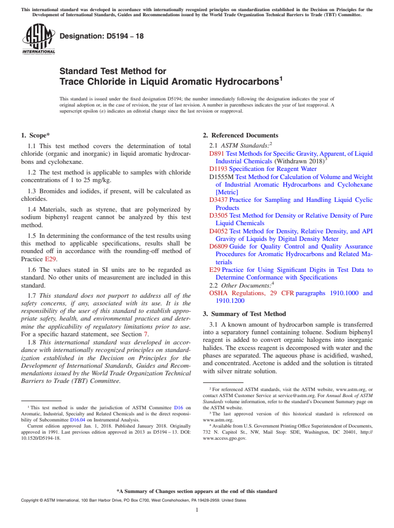 ASTM D5194-18 - Standard Test Method for Trace Chloride in Liquid Aromatic Hydrocarbons