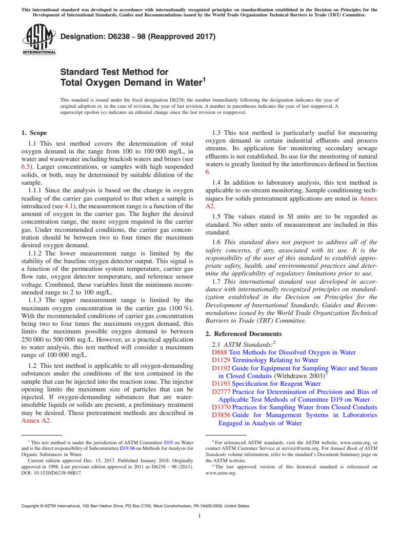 ASTM D6238-98(2017) - Standard Test Method for  Total Oxygen Demand in Water