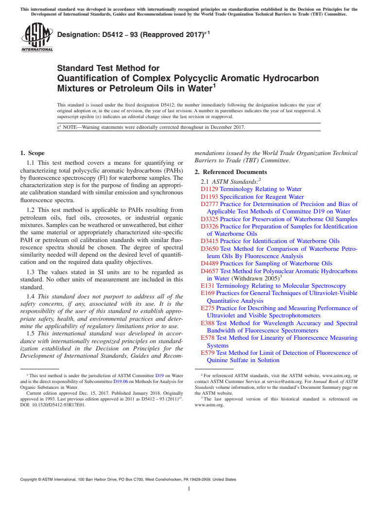 ASTM D5412-93(2017)e1 - Standard Test Method for  Quantification of Complex Polycyclic Aromatic Hydrocarbon Mixtures  or Petroleum Oils in Water