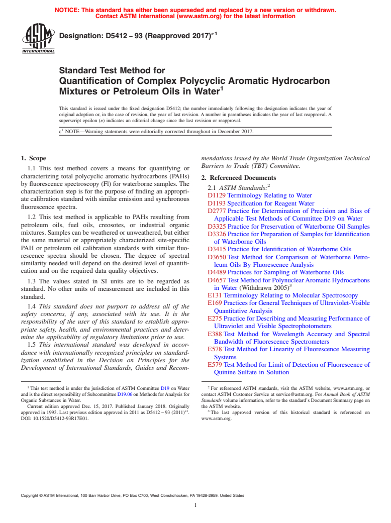 ASTM D5412-93(2017)e1 - Standard Test Method for  Quantification of Complex Polycyclic Aromatic Hydrocarbon Mixtures  or Petroleum Oils in Water