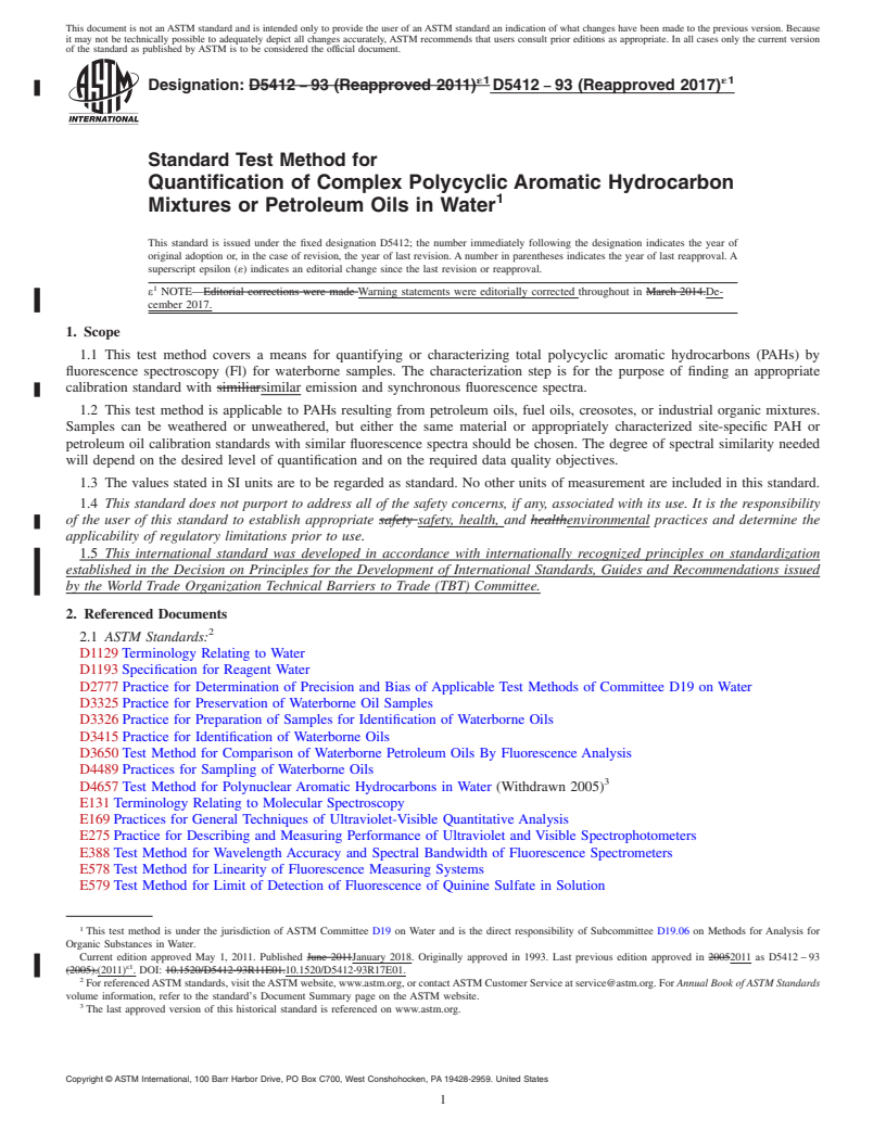 REDLINE ASTM D5412-93(2017)e1 - Standard Test Method for  Quantification of Complex Polycyclic Aromatic Hydrocarbon Mixtures  or Petroleum Oils in Water