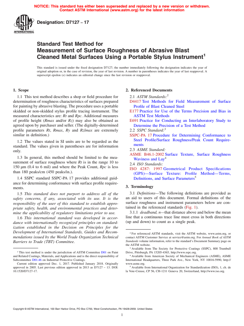 ASTM D7127-17 - Standard Test Method for Measurement of Surface Roughness of Abrasive Blast Cleaned  Metal Surfaces Using a Portable Stylus Instrument (Withdrawn 2021)