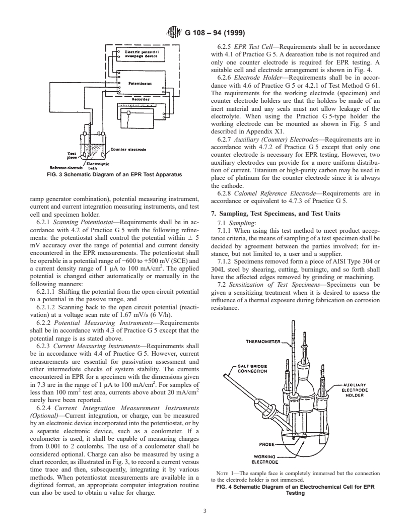 ASTM G108-94(1999) - Standard Test Method for Electrochemical Reactivation (EPR) for Detecting Sensitization of AISI Type 304 and 304L Stainless Steels