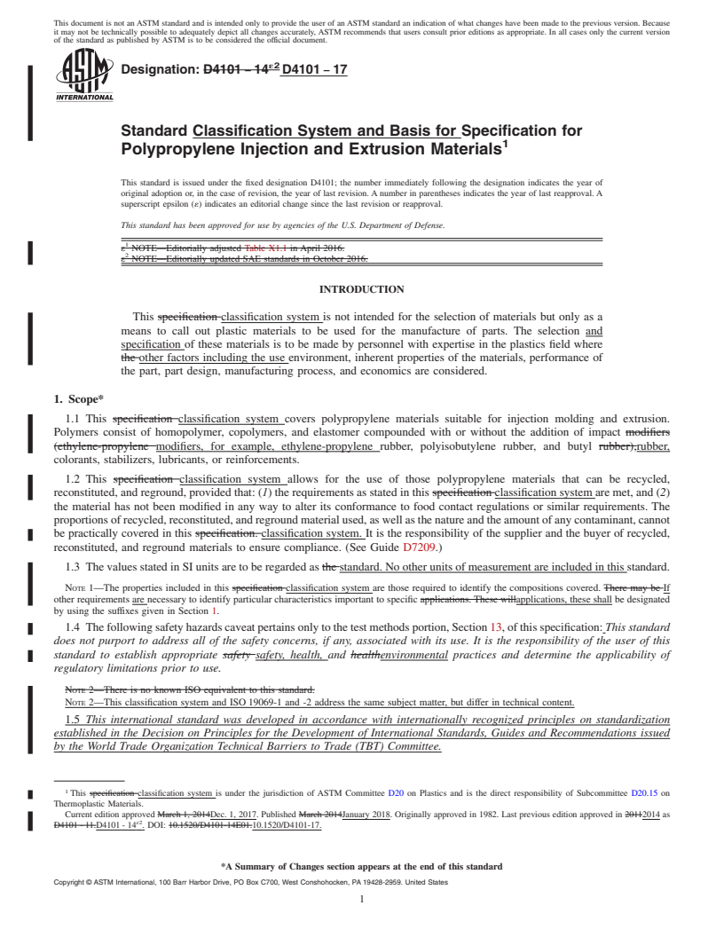 REDLINE ASTM D4101-17 - Standard Classification System and Basis for Specification for Polypropylene Injection and Extrusion Materials