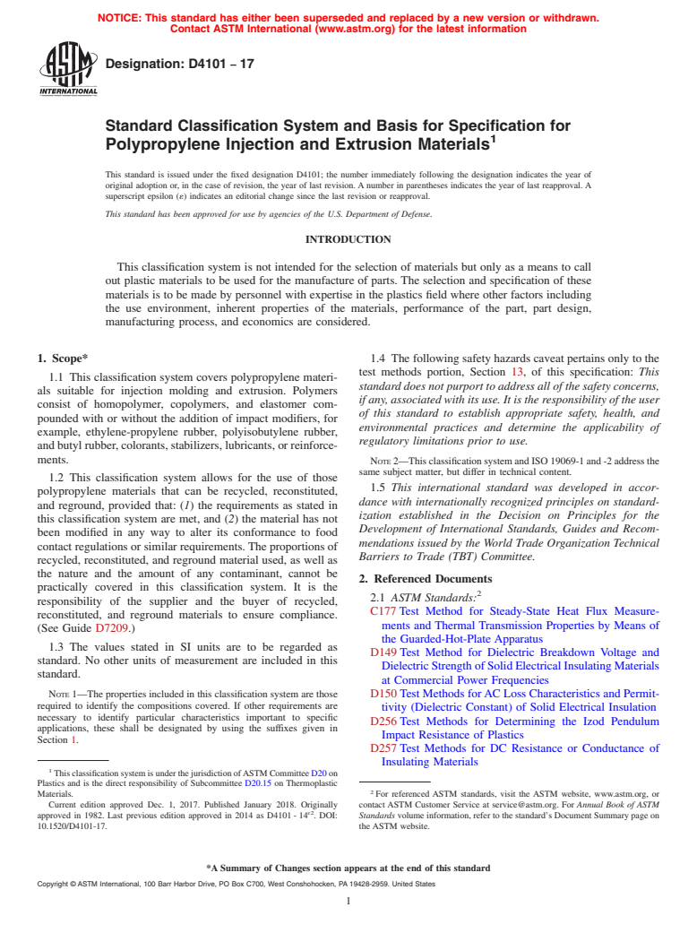 ASTM D4101-17 - Standard Classification System and Basis for Specification for Polypropylene Injection and Extrusion Materials