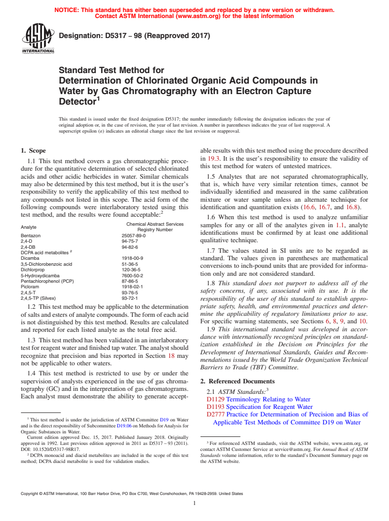 ASTM D5317-98(2017) - Standard Test Method for  Determination of Chlorinated Organic Acid Compounds in Water  by Gas Chromatography with an Electron Capture Detector