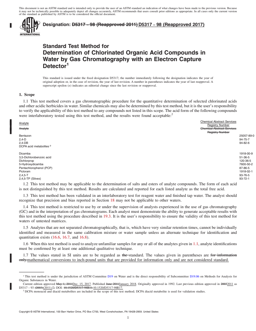 REDLINE ASTM D5317-98(2017) - Standard Test Method for  Determination of Chlorinated Organic Acid Compounds in Water  by Gas Chromatography with an Electron Capture Detector