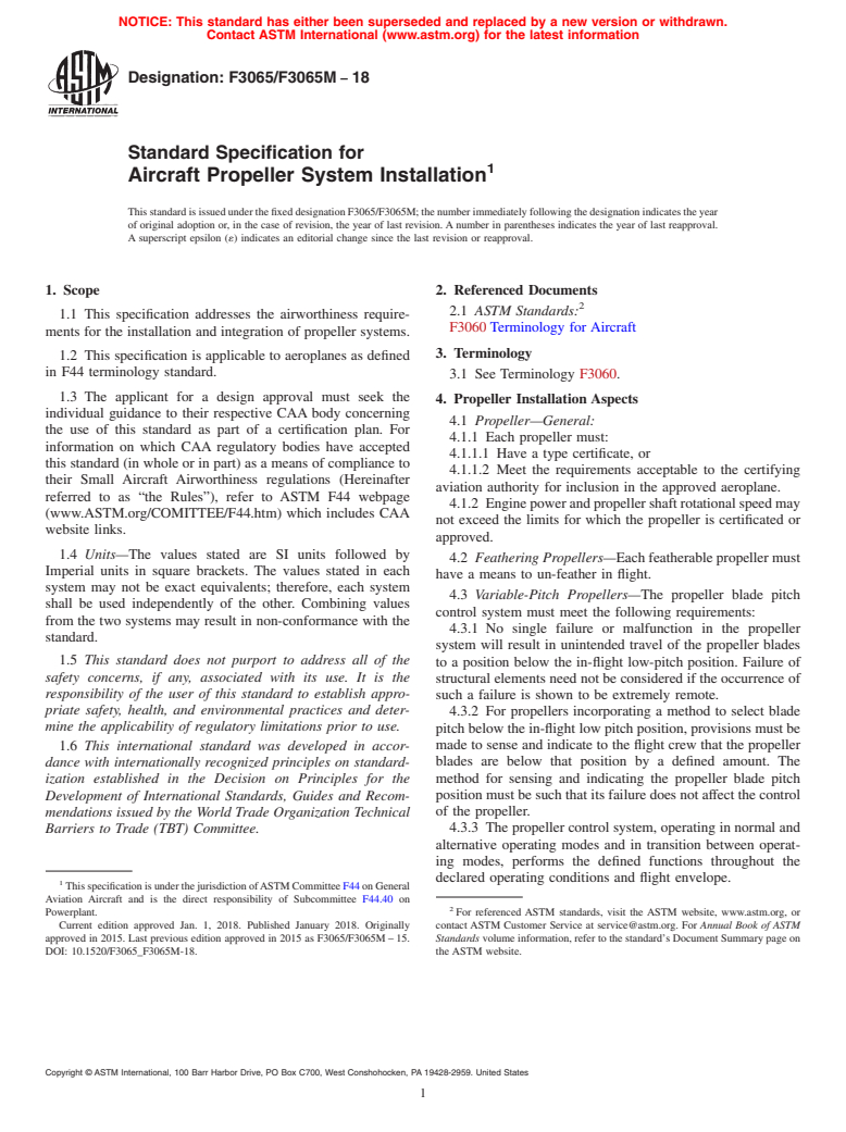 ASTM F3065/F3065M-18 - Standard Specification for Aircraft Propeller System Installation