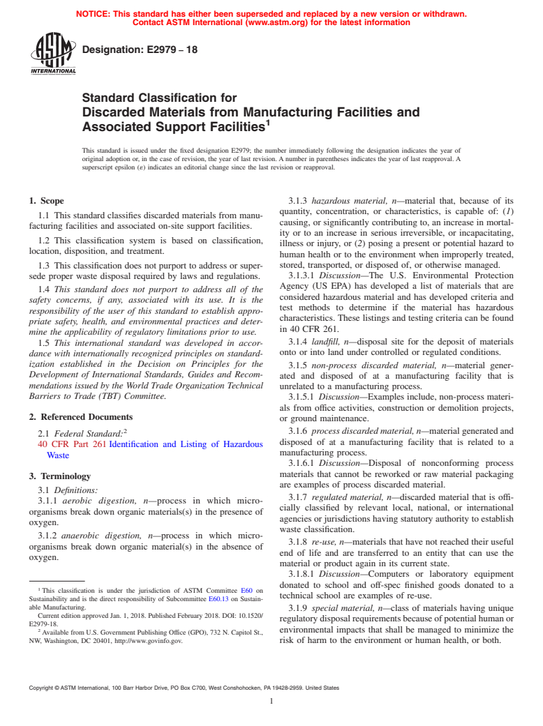 ASTM E2979-18 - Standard Classification for Discarded Materials from Manufacturing Facilities and Associated  Support Facilities