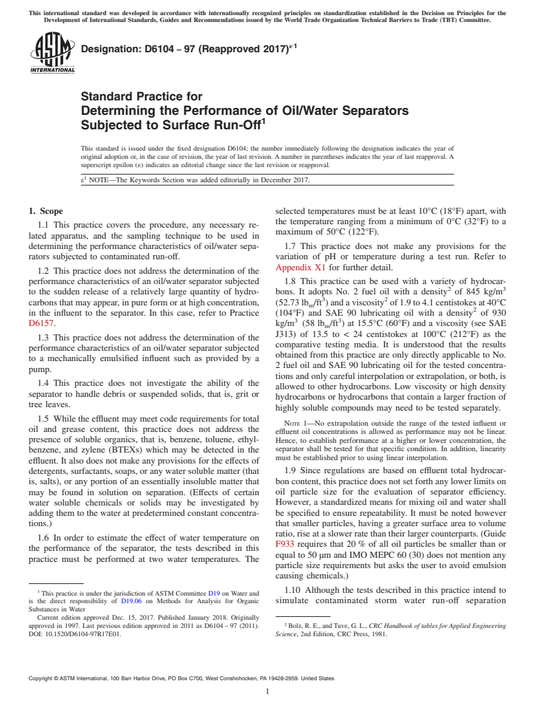 ASTM D6104-97(2017)e1 - Standard Practice for  Determining the Performance of Oil/Water Separators Subjected  to Surface Run-Off