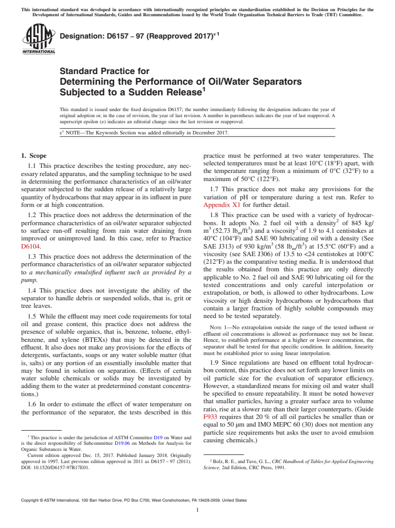 ASTM D6157-97(2017)e1 - Standard Practice for  Determining the Performance of Oil/Water Separators Subjected  to a Sudden Release