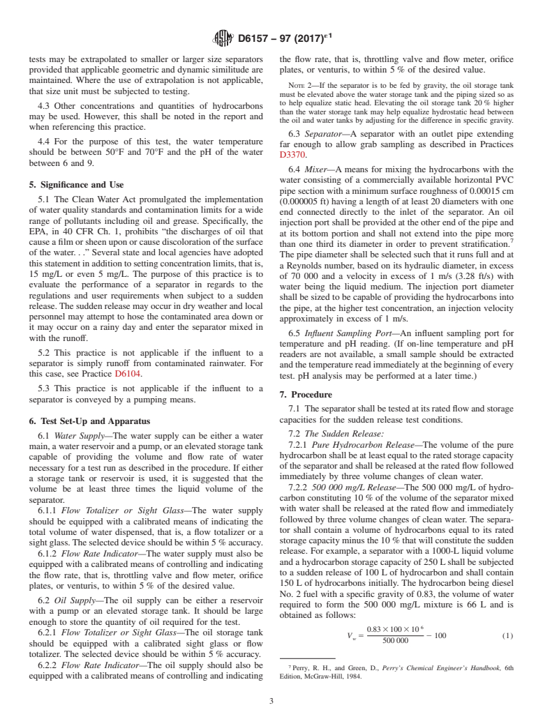 ASTM D6157-97(2017)e1 - Standard Practice for  Determining the Performance of Oil/Water Separators Subjected  to a Sudden Release