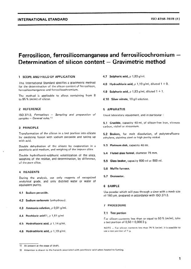 ISO 4158:1978 - Ferrosilicon, ferrosilicomanganese and ferrosilicochromium -- Determination of silicon content -- Gravimetric method
