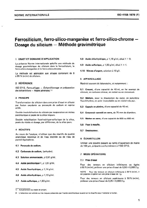 ISO 4158:1978 - Ferro-silicium, ferro-silico-manganese et ferro-silico-chrome -- Dosage du silicium -- Méthode gravimétrique