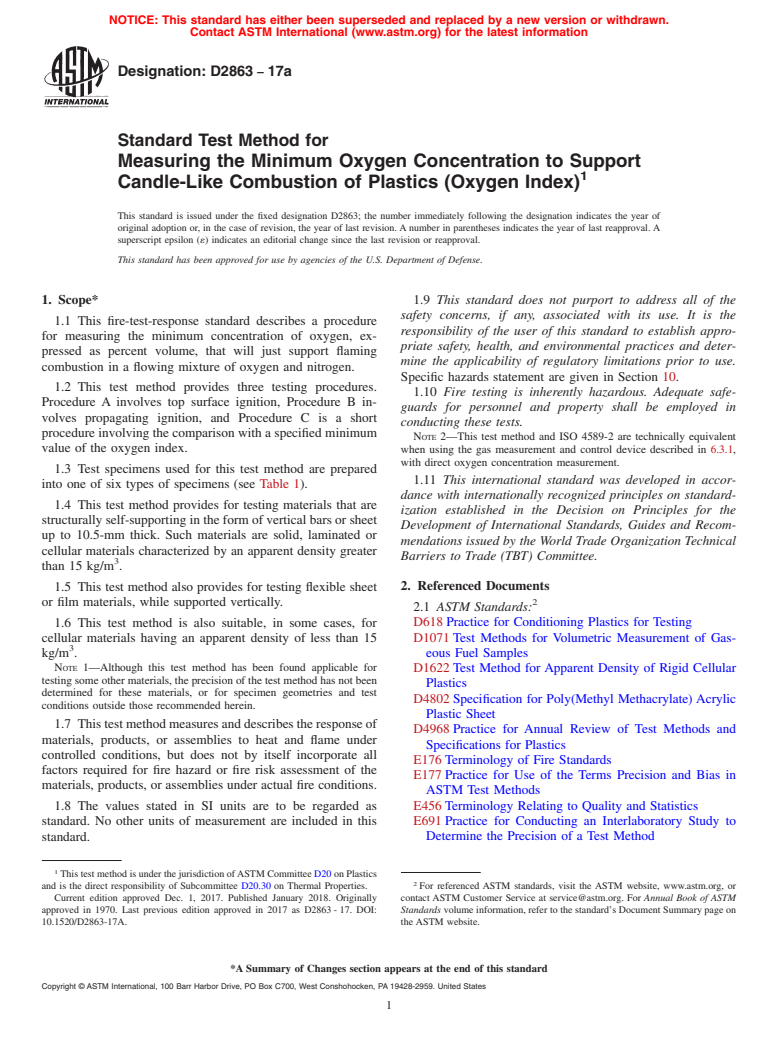 ASTM D2863-17a - Standard Test Method for  Measuring the Minimum Oxygen Concentration to Support Candle-Like  Combustion of Plastics (Oxygen Index)