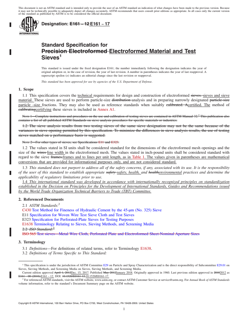 REDLINE ASTM E161-17 - Standard Specification for  Electroformed Material and Test  Sieves