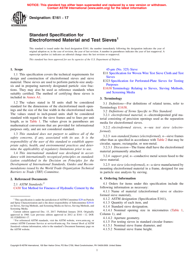 ASTM E161-17 - Standard Specification for  Electroformed Material and Test  Sieves