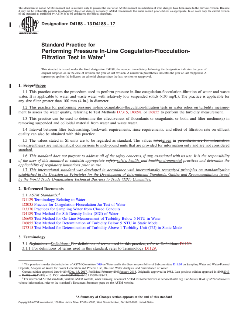 REDLINE ASTM D4188-17 - Standard Practice for  Performing Pressure In-Line Coagulation-Flocculation-Filtration  Test in Water