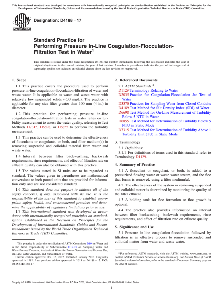 ASTM D4188-17 - Standard Practice for  Performing Pressure In-Line Coagulation-Flocculation-Filtration  Test in Water