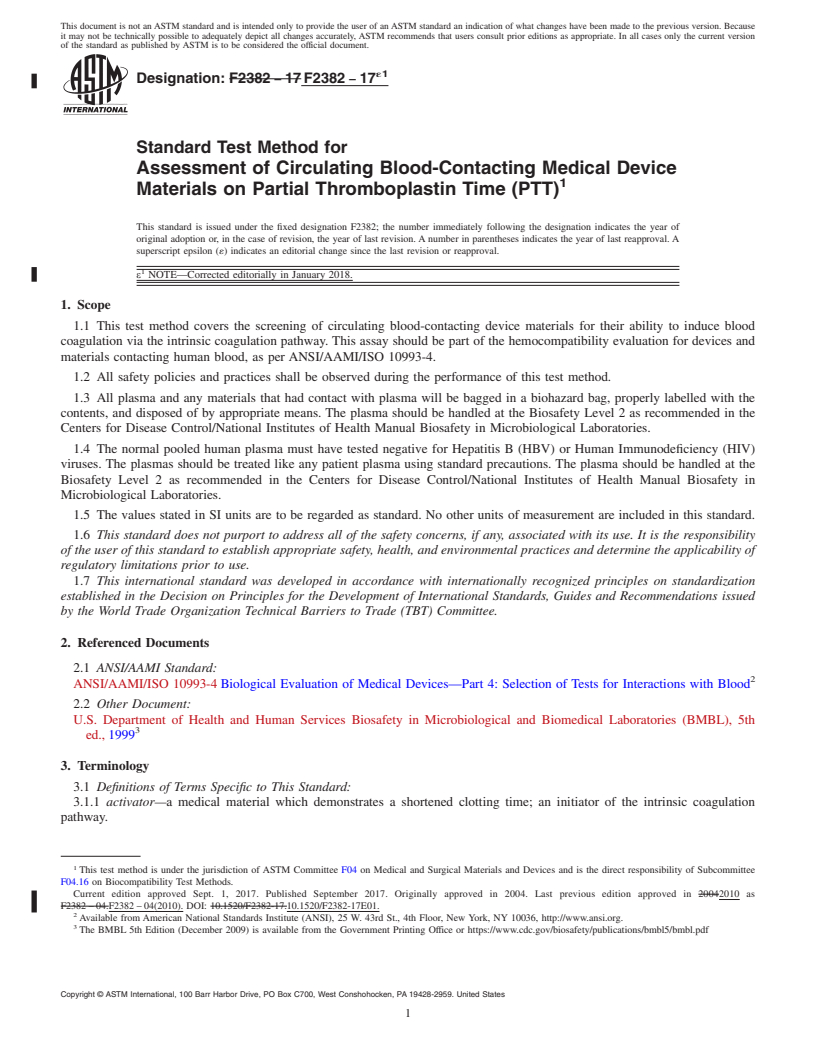 REDLINE ASTM F2382-17e1 - Standard Test Method for Assessment of Circulating Blood-Contacting Medical Device Materials  on Partial Thromboplastin Time (PTT)
