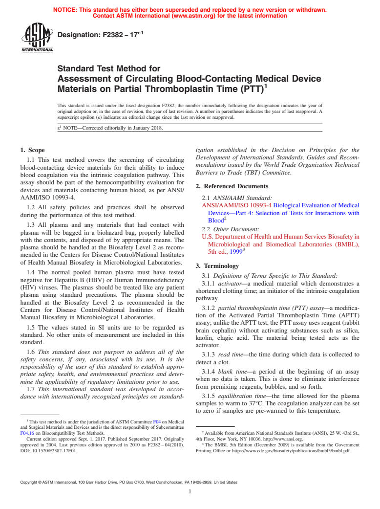 ASTM F2382-17e1 - Standard Test Method for Assessment of Circulating Blood-Contacting Medical Device Materials  on Partial Thromboplastin Time (PTT)