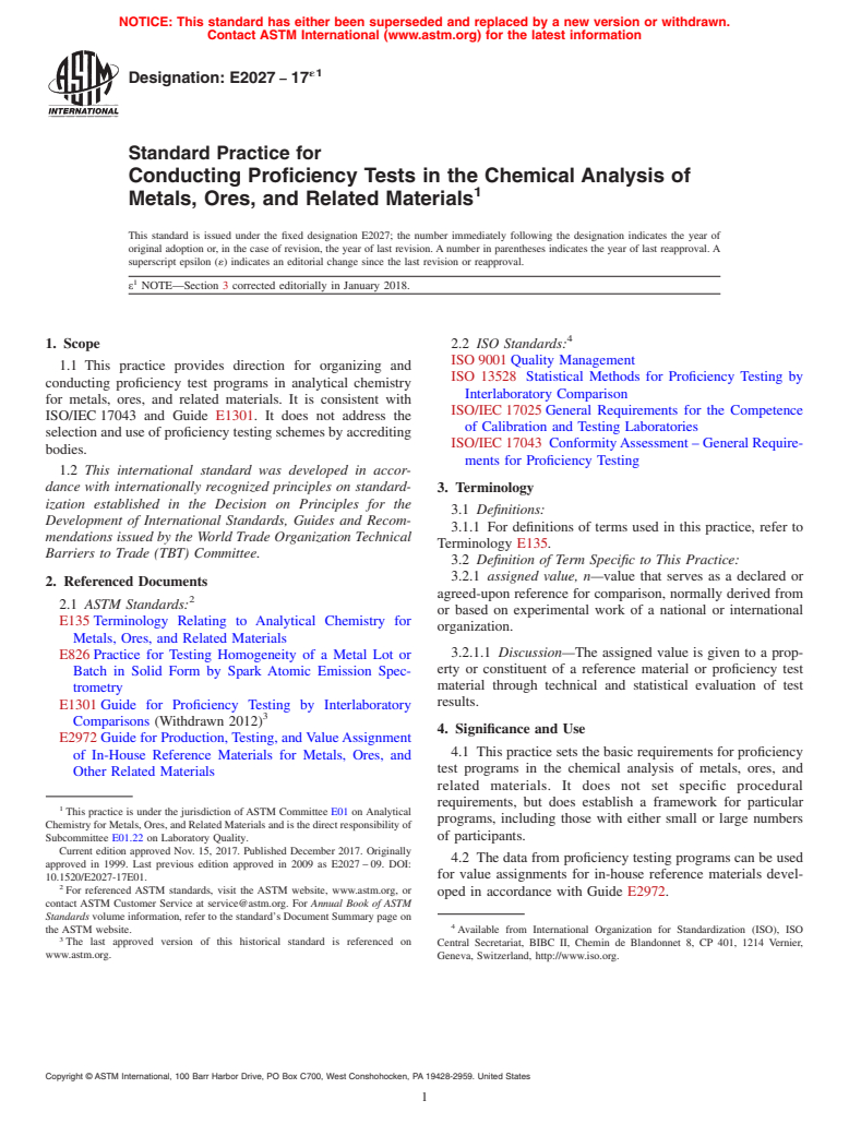 ASTM E2027-17e1 - Standard Practice for  Conducting Proficiency Tests in the Chemical Analysis of Metals,  Ores, and Related Materials (Withdrawn 2022)