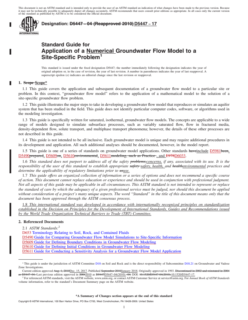 REDLINE ASTM D5447-17 - Standard Guide for  Application of a Numerical Groundwater Flow Model to a Site-Specific  Problem