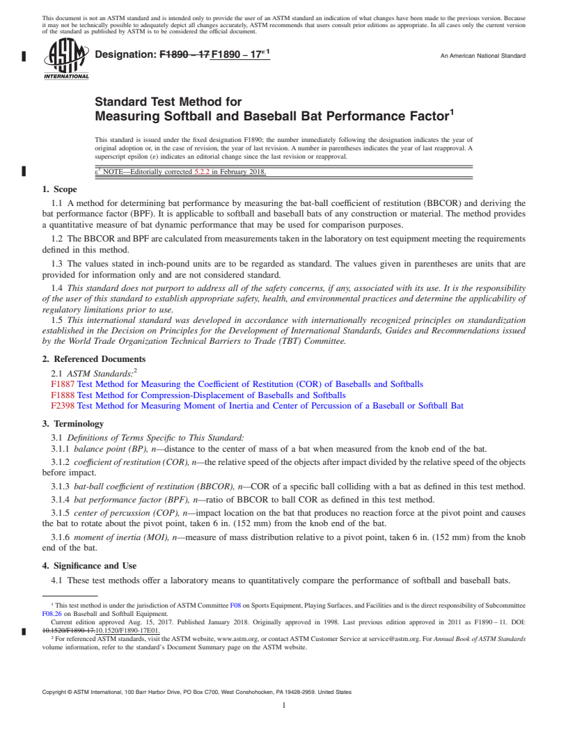 REDLINE ASTM F1890-17e1 - Standard Test Method for Measuring Softball and Baseball Bat Performance Factor